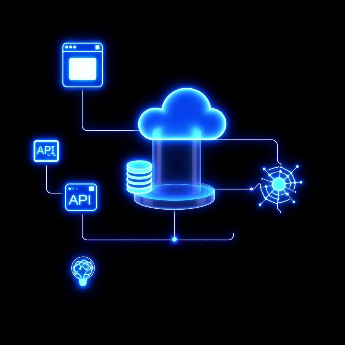 Diagram of a connected technology ecosystem: website, API, database, cloud and AI