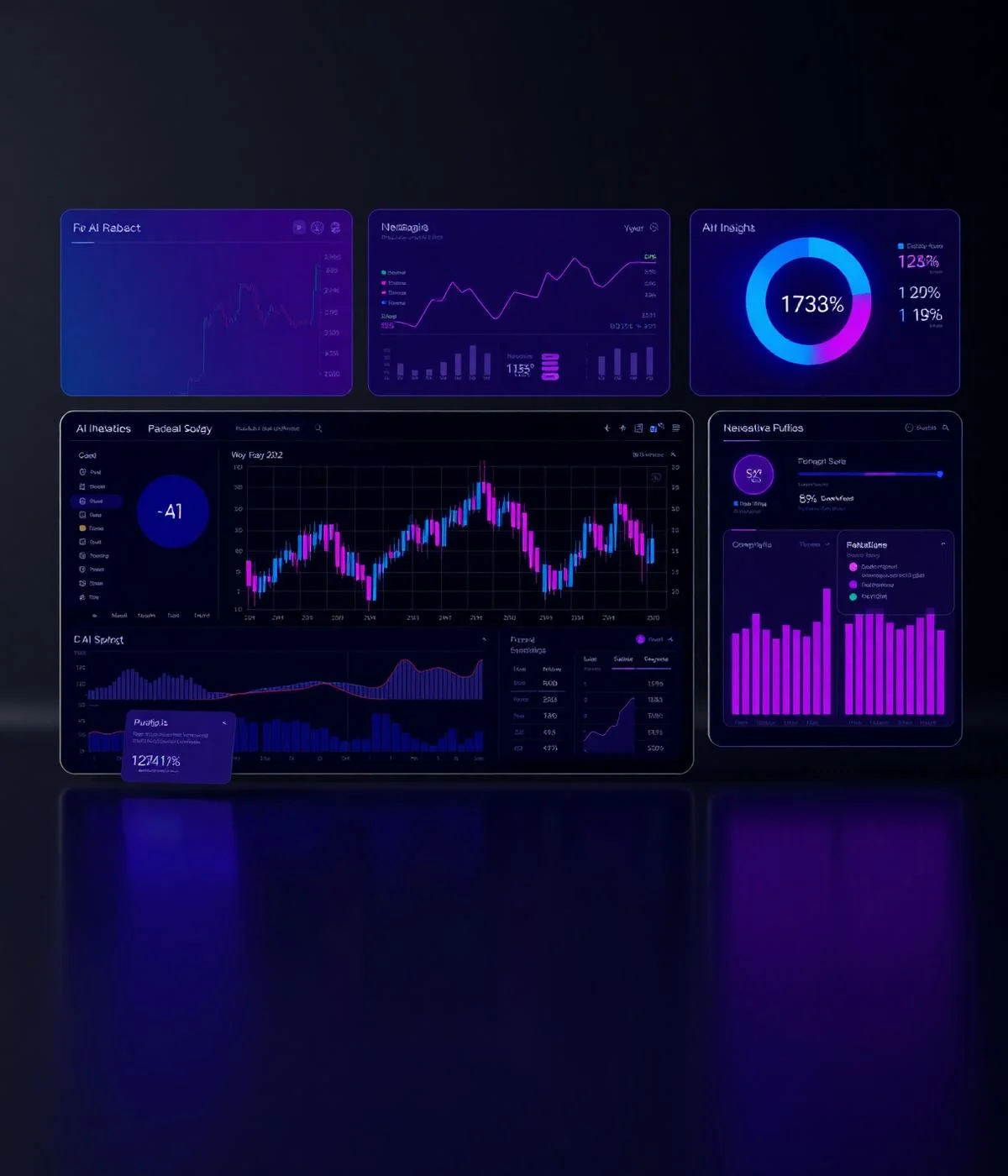 Dark AI finance analytics dashboard with charts and insight cards