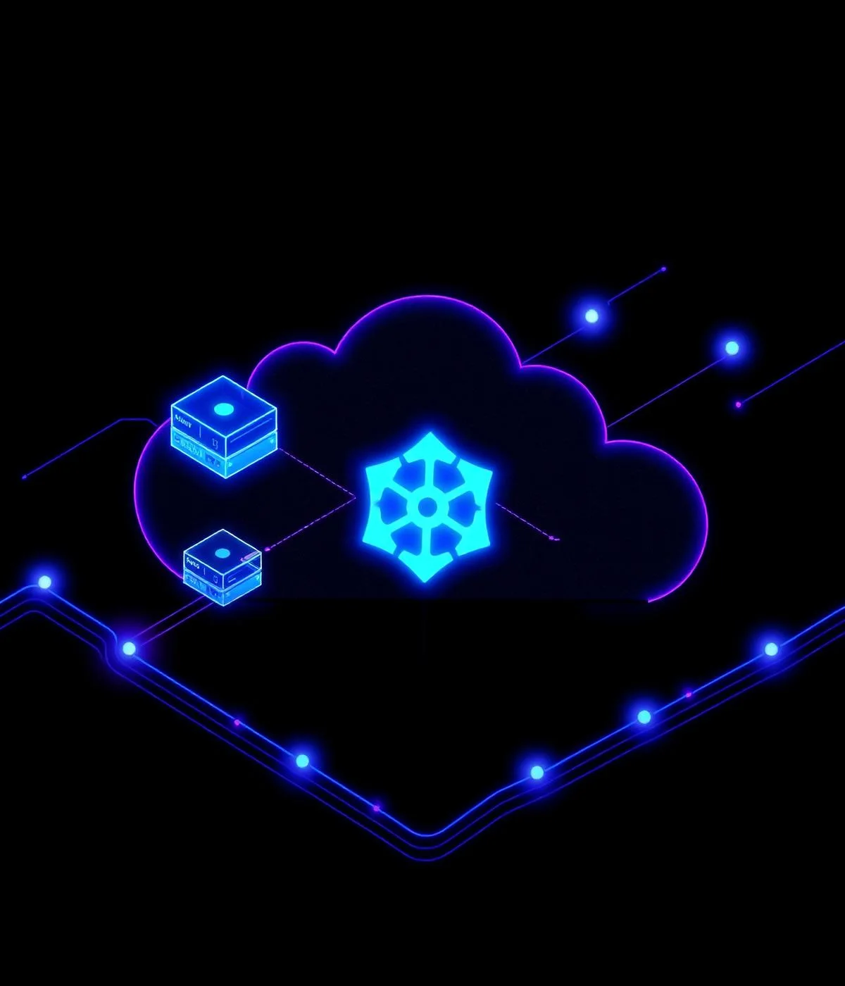 Abstract dark cloud infrastructure diagram with glowing nodes and pipelines