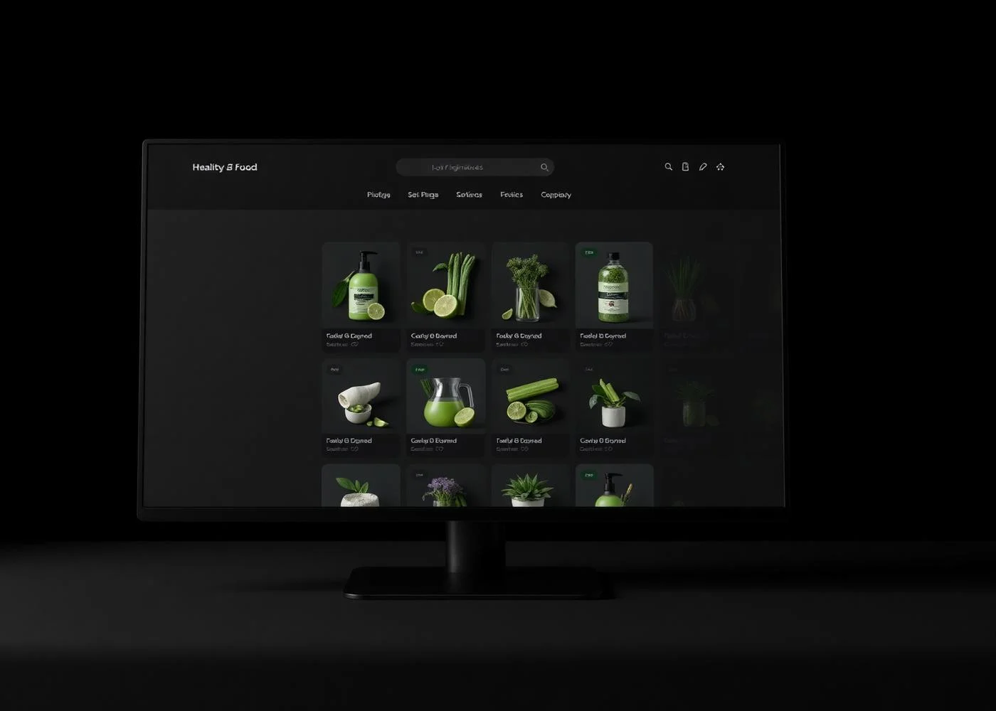Dark e-commerce storefront for a healthy food brand on a desktop monitor