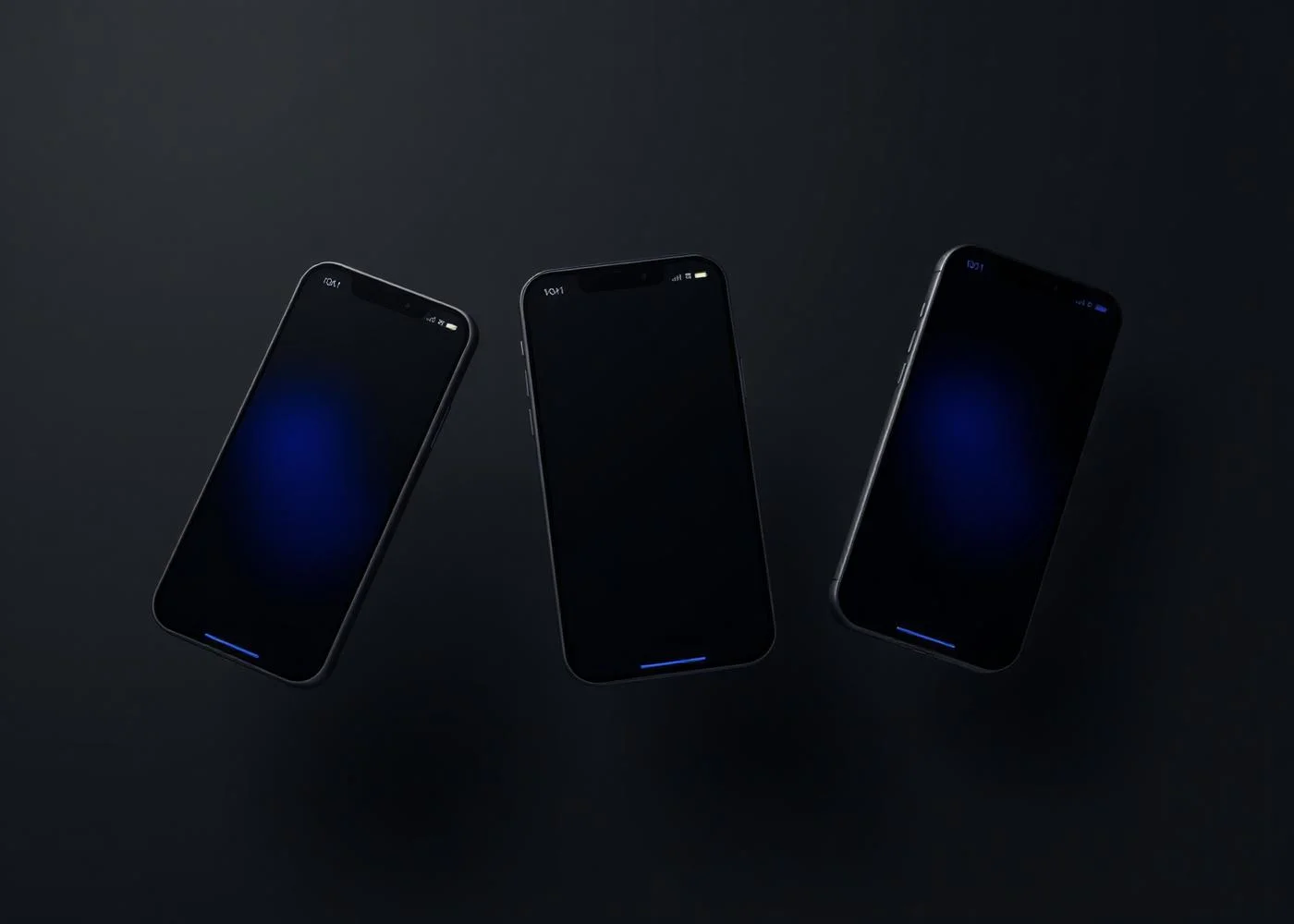 Three dark mobile app screens floating on a near-black background