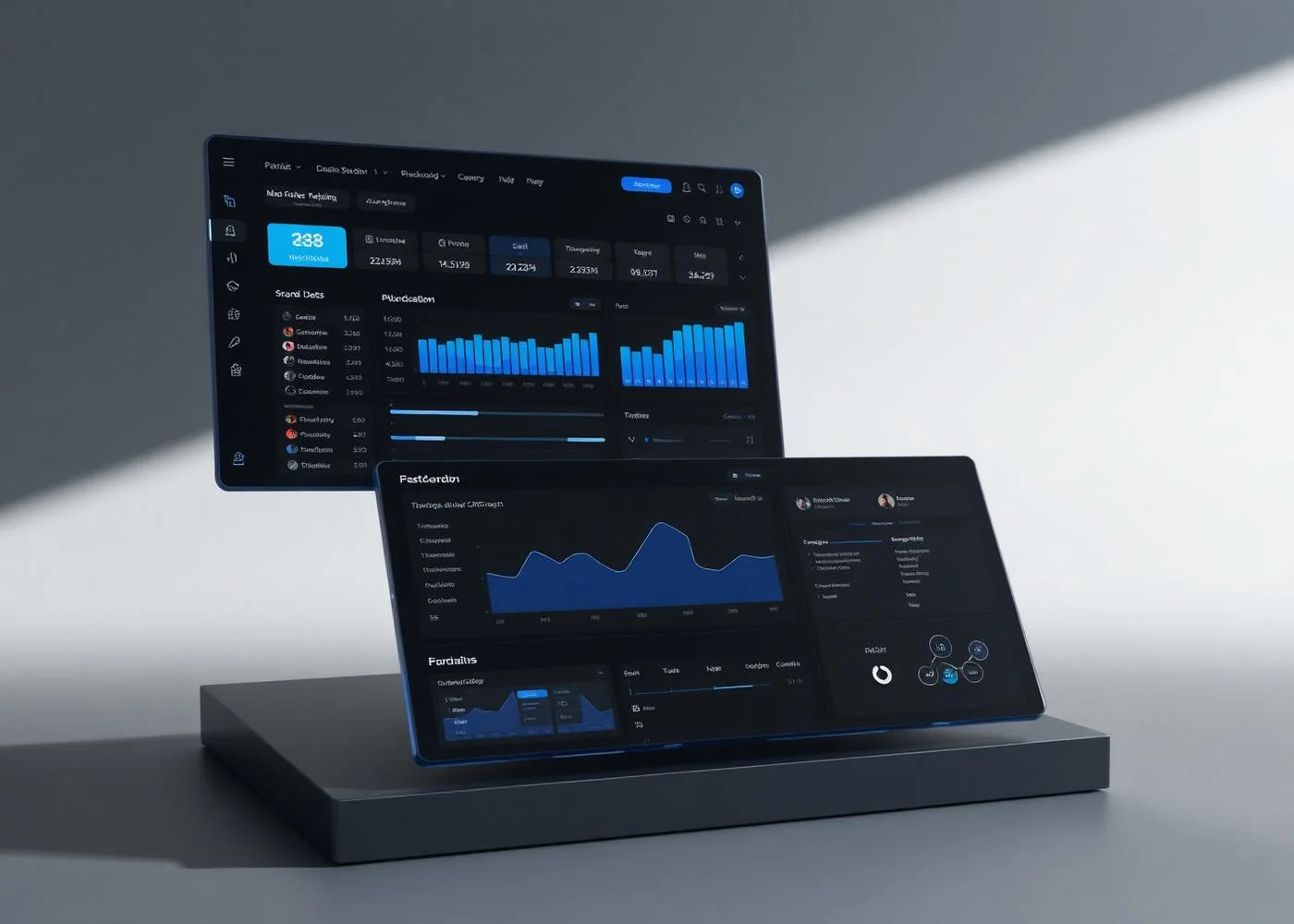 Dark admin dashboard mockup with tables, charts and pipeline views