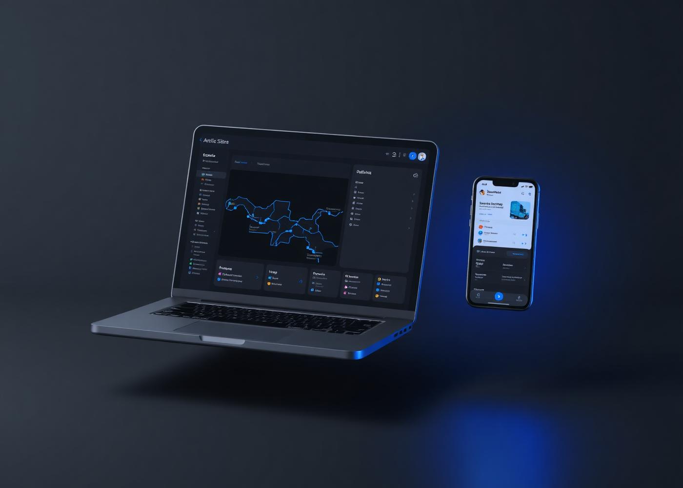 Dark logistics dashboard on a laptop next to a delivery tracking mobile app